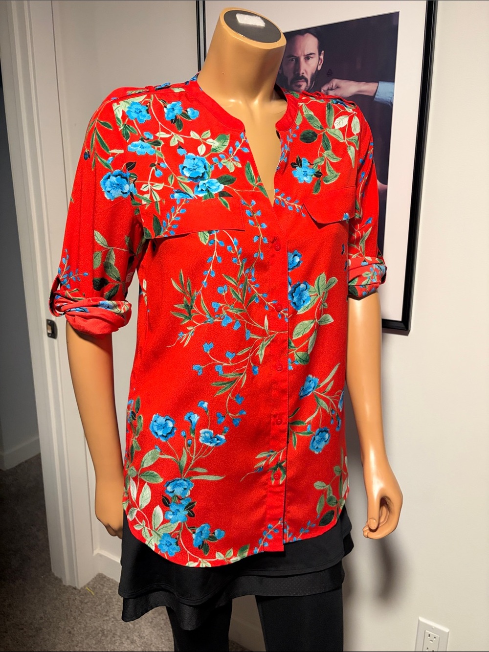 Calvin Klein Red Floral Button-Up Blouse with Blue Blooms..S.. fits big though